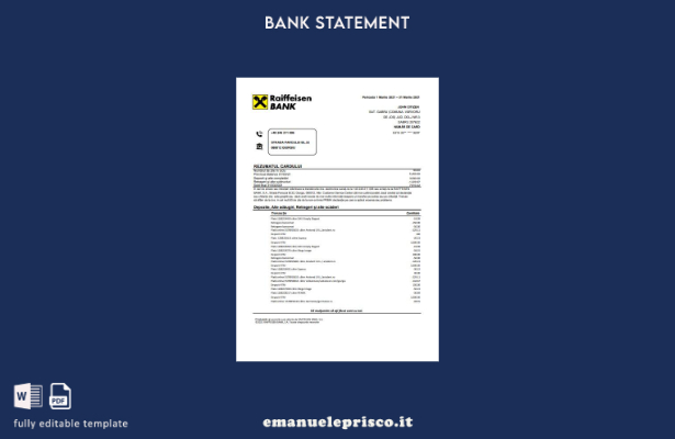 Modello Excel di estratto conto bancario Raiffeisen Romania in stile verificato